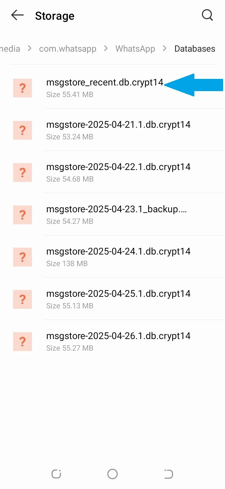 Encuentra la copia de seguridad más reciente y renómbrala como msgstore_recent.db.crypt12.